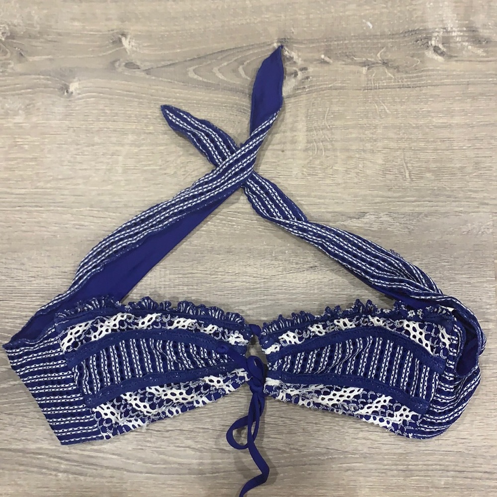 Becca blue and white eyelet bandeau bikini top
